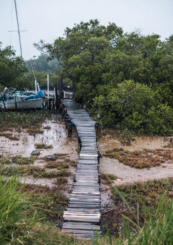 Rustic old wooden jetty and boat